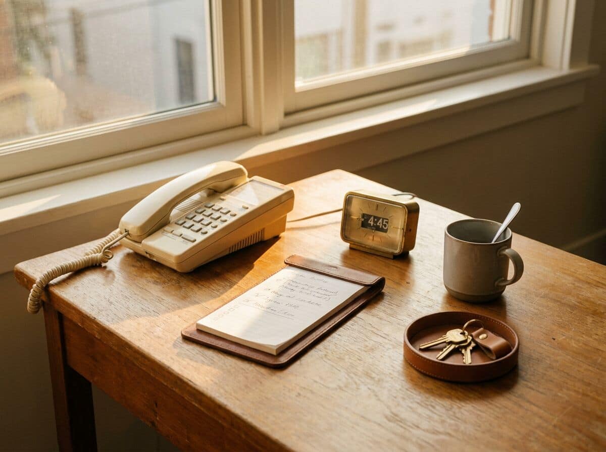 A desk mid follow-up: the handset lifted, a callback list, a brass clock and the keys on the tray