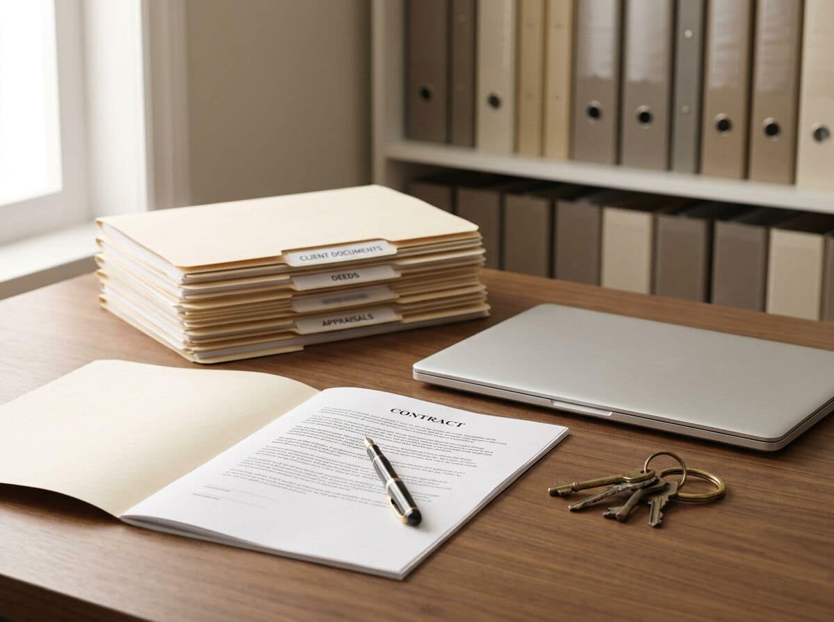 A transaction file open on the desk: labelled folders, a signed contract, a laptop and the house keys