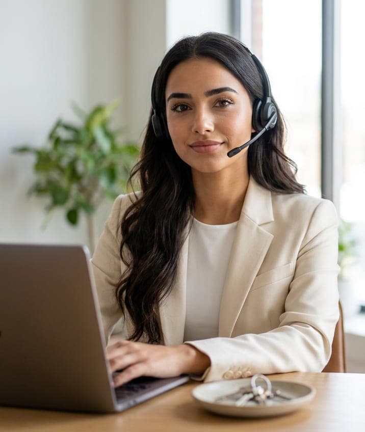 Maria at her desk on a headset, working the 412 Ocean Drive file